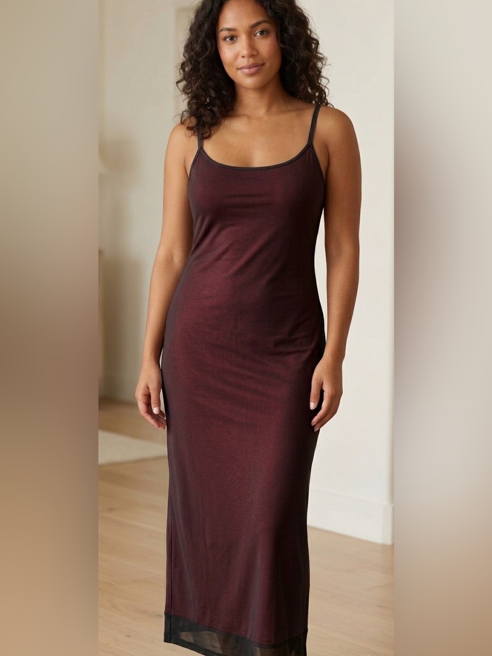 Burgundy and Black Satin-Trim Slip Dress Summer Ready